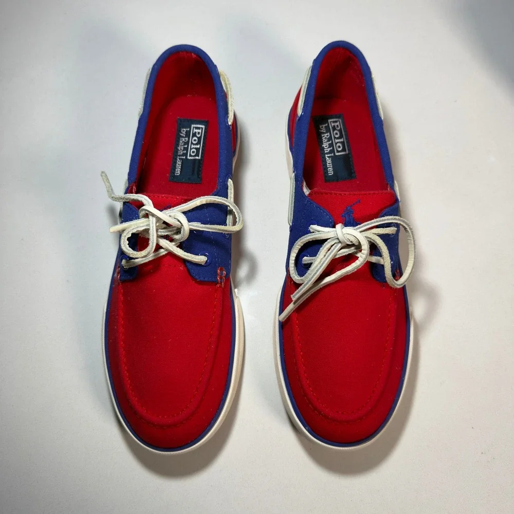 Polo Ralph Lauren Lander II Boat Shoe Mens 8.5 Red Blue New Canvas Sneaker